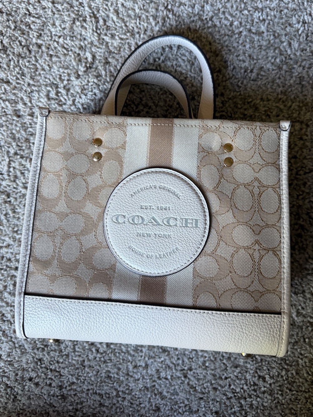 Coach Beige and White Signature Stripe Tote